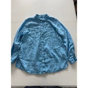 Charter Club 100% Linen Turquoise Button Down Blouse Women's Large